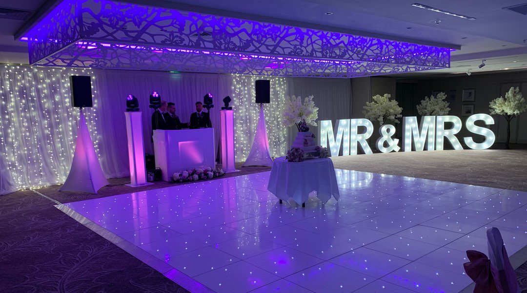 LED Dance Floor with Mr & Mrs Letters and Cherry Blossom Trees